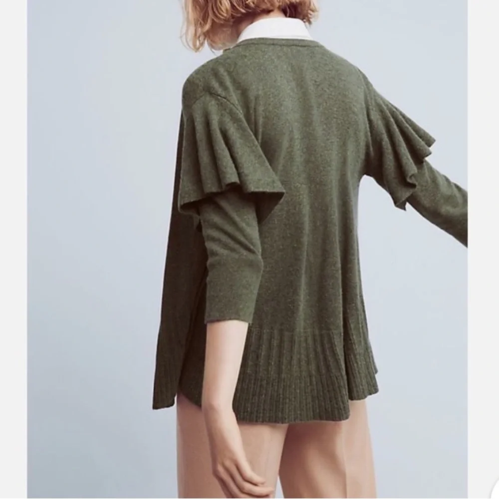 Anthropologie Left of Center Ruffle Sleeve Cardigan Wool Cashmere Sweater Medium - Picture 3 of 7